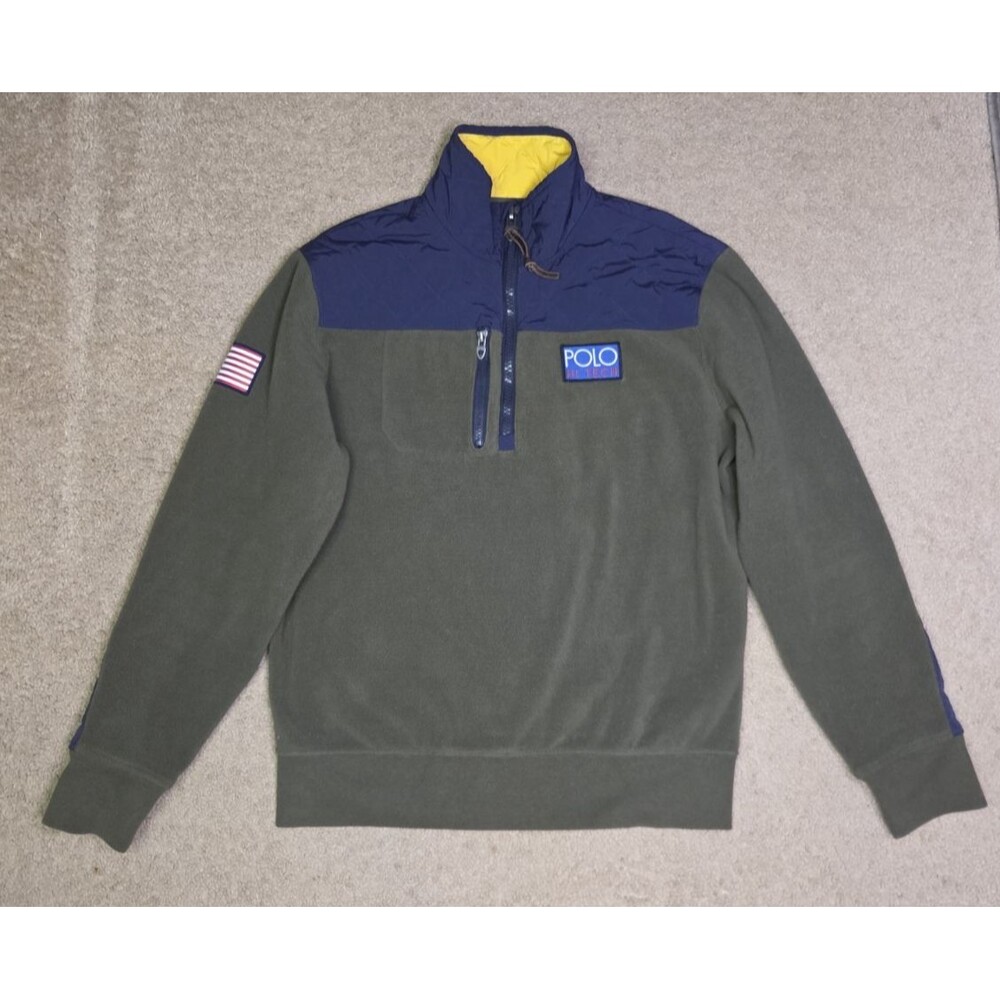 Men's Polo Ralph Lauren Hi Tech Fleece Pull Over Sweater Zip Navy Green Medium